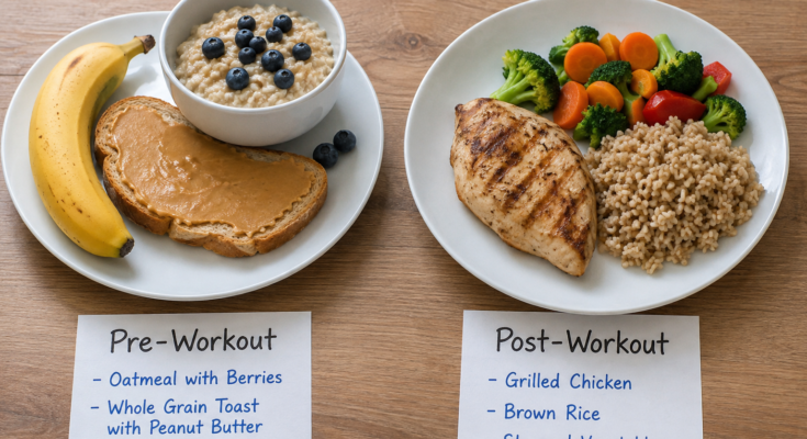 # Best Pre Workout and Post Workout Meals for Beginners Starting a fitness journey is exciting, but many beginners focus only on exercise and forget that nutrition plays an equally important role. The food you eat before and after your workout can make a huge difference in your energy, strength, recovery, and overall progress. Whether your goal is losing weight, building muscle, or simply staying healthy, choosing the right pre workout meals and post workout meals will help you get better results. Many people believe expensive supplements are necessary for good performance. In reality, simple and healthy meals prepared at home can provide everything your body needs. Understanding what to eat before and after exercise is one of the easiest ways to improve your workouts without spending a lot of money. In this guide, I will explain the best pre workout meals, the importance of post workout nutrition, and practical meal ideas that every beginner can follow. ## Why Pre Workout Meals Matter Your body needs fuel before physical activity. Think of your body like a car. Without fuel, it cannot perform efficiently. Pre workout meals provide energy that helps you exercise longer, lift heavier weights, and reduce fatigue. Eating before your workout also helps maintain stable blood sugar levels. This means you are less likely to feel tired, dizzy, or weak during training. A balanced meal before exercise prepares both your muscles and your mind for better performance. The right pre workout meals should include carbohydrates for energy, moderate protein to support muscles, and only a small amount of healthy fats because fats digest more slowly. ## Benefits of Eating Before Exercise There are many advantages to having a proper meal before working out. You feel more energetic throughout your workout. Your muscles receive enough fuel for better endurance. You reduce the chances of muscle breakdown during training. Your focus and concentration improve. You recover faster after your workout session. For beginners, these benefits make exercise more enjoyable and easier to maintain as a daily habit. ## What Should Be Included in Pre Workout Meals The ideal pre workout meal combines different nutrients that work together. Carbohydrates are your body's main energy source. Good choices include oats, rice, bananas, sweet potatoes, whole grain bread, and fruits. Protein supports muscle growth and repair. Lean chicken, eggs, Greek yogurt, cottage cheese, fish, and protein-rich dairy products are excellent options. Healthy fats should be consumed in moderation before exercise. Avocados, nuts, seeds, and natural peanut butter are good choices but should not be eaten in large amounts right before training. Hydration is also essential. Drink enough water before exercising to maintain performance and prevent dehydration. ## Best Time to Eat Before a Workout Timing is almost as important as the food itself. If you are eating a full meal, try to eat it two to three hours before your workout. This gives your body enough time to digest the food and convert it into usable energy. If you only have a short time before exercising, choose a light snack about thirty to sixty minutes before your workout. This snack should mainly contain carbohydrates with a small amount of protein. Avoid eating heavy or greasy meals immediately before exercise because they may cause discomfort and reduce your performance. ## Best Pre Workout Meals for Beginners Here are some beginner friendly meal ideas that provide balanced nutrition. ### Oatmeal with Banana Oatmeal provides slow releasing carbohydrates while banana adds natural sugars and potassium. This combination gives long lasting energy and helps prevent muscle cramps. ### Whole Grain Toast with Peanut Butter Whole grain bread offers complex carbohydrates while peanut butter provides healthy fats and protein. Add banana slices on top for extra energy. ### Greek Yogurt with Fresh Fruits Greek yogurt is rich in protein, while berries or bananas provide carbohydrates and vitamins. This meal is easy to digest and perfect before morning workouts. ### Chicken with Brown Rice Chicken supplies lean protein, and brown rice provides steady energy. This is an excellent meal if you are eating two to three hours before training. ### Apple with Peanut Butter This simple snack is ideal if you are exercising within an hour. Apples provide carbohydrates while peanut butter adds protein and healthy fats. ### Smoothie Blend banana, milk, oats, yogurt, and a few berries for a nutritious pre workout drink. It is quick, filling, and easy to digest. ## Foods to Avoid Before Exercise Not every healthy food is suitable before a workout. Avoid fried foods because they digest slowly. Avoid large amounts of cheese or creamy sauces. Limit sugary desserts because they may cause a quick energy crash. Avoid excessive spicy foods that may upset your stomach during exercise. Every person reacts differently, so pay attention to how your body feels after different meals. ## Why Post Workout Meals Are Important Your workout creates small tears in your muscle fibers and uses up your body's stored energy. After exercising, your muscles need nutrients to recover and grow stronger. Post workout meals replace lost energy, repair muscles, reduce soreness, and prepare your body for your next training session. Skipping your post workout meal may slow recovery and reduce your progress over time. ## What Should Be Included in Post Workout Meals A balanced post workout meal should contain high quality protein and healthy carbohydrates. Protein repairs damaged muscle tissue and supports muscle growth. Carbohydrates refill your body's glycogen stores that were used during exercise. Healthy fats can also be included but should not replace protein and carbohydrates. Drinking water is equally important because exercise causes fluid loss through sweat. ## Best Time to Eat After Exercise Experts generally recommend eating within one to two hours after finishing your workout. This period is when your body is especially effective at absorbing nutrients and beginning the recovery process. If you cannot eat a complete meal immediately, have a protein rich snack first and enjoy a balanced meal later. ## Best Post Workout Meals for Beginners ### Grilled Chicken with Rice This classic combination provides lean protein and healthy carbohydrates for muscle recovery and energy restoration. ### Eggs with Whole Grain Toast Eggs contain complete protein while whole grain bread replenishes energy stores. This meal is affordable and easy to prepare. ### Salmon with Sweet Potato Salmon provides high quality protein and healthy omega three fats. Sweet potatoes offer carbohydrates and important vitamins. ### Greek Yogurt with Granola This meal delivers protein, carbohydrates, and calcium. It is an excellent choice for people who want something light after exercise. ### Cottage Cheese with Fruit Cottage cheese is packed with protein, while fruit supplies natural sugars that help restore energy. ### Turkey Sandwich Whole grain bread with lean turkey breast creates a balanced meal containing protein and carbohydrates. ## Hydration After Your Workout Water is often forgotten even though it is essential for recovery. Drink water immediately after your workout and continue drinking throughout the day. If your workout lasts longer than one hour or involves intense sweating, electrolyte rich drinks may also be helpful. Proper hydration supports muscle function, improves recovery, and helps regulate body temperature. ## Common Nutrition Mistakes Beginners Make Many beginners make simple mistakes that slow their progress. Skipping breakfast before morning workouts often leads to low energy. Eating fast food after exercising reduces the nutritional benefits of your workout. Not consuming enough protein limits muscle recovery. Ignoring water intake can lead to dehydration and poor performance. Depending only on supplements instead of whole foods is another common mistake. Natural foods usually provide all the nutrients beginners need. ## Simple Daily Meal Example A beginner's workout nutrition plan can be very simple. Breakfast could include oatmeal with banana and milk. A pre workout snack could be Greek yogurt with berries. Lunch after exercise could be grilled chicken with brown rice and vegetables. An evening snack could include cottage cheese with fruit. Dinner might consist of baked fish with sweet potatoes and salad. This type of meal plan provides balanced nutrition without being complicated or expensive. ## Final Thoughts Choosing the right **pre workout meals** and **post workout meals** is one of the smartest decisions any beginner can make. Good nutrition improves energy, supports muscle recovery, increases workout performance, and helps you stay consistent with your fitness routine. You do not need expensive supplements or complicated diets to see results. Simple meals made with whole foods such as oats, bananas, chicken, eggs, rice, yogurt, fruits, and vegetables provide everything your body needs. As you continue your fitness journey, pay attention to how different foods affect your energy and recovery. Everyone is unique, so experiment with healthy options until you find what works best for you. By combining regular exercise with balanced pre workout meals and post workout meals, you will build healthier habits and achieve better long term fitness results.
